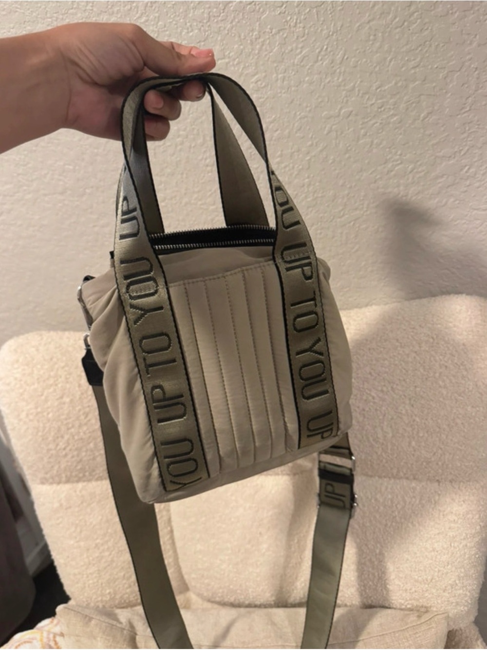 Handheld and Crossbody Bag in Beige with Webbed Strap